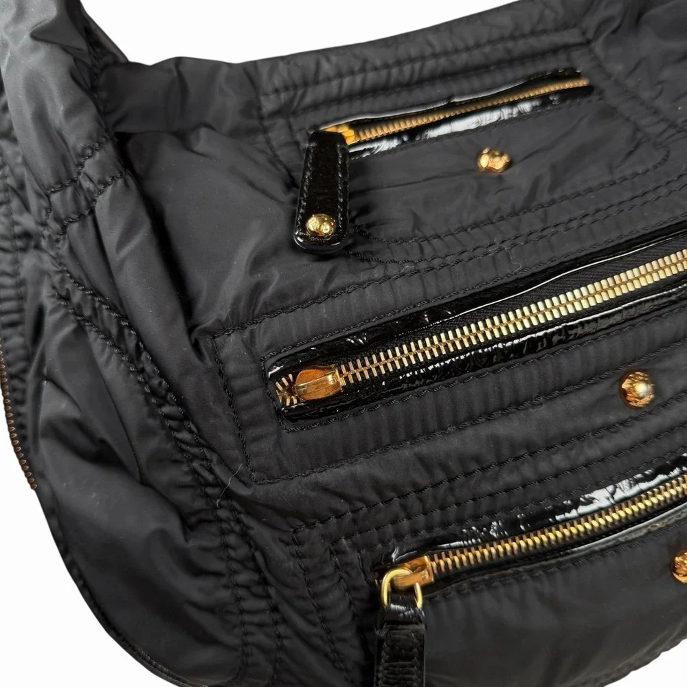 Tod's Tods Pashmy‎ Luna Black Nylon & Patent Leather Hobo w Zipper Detail